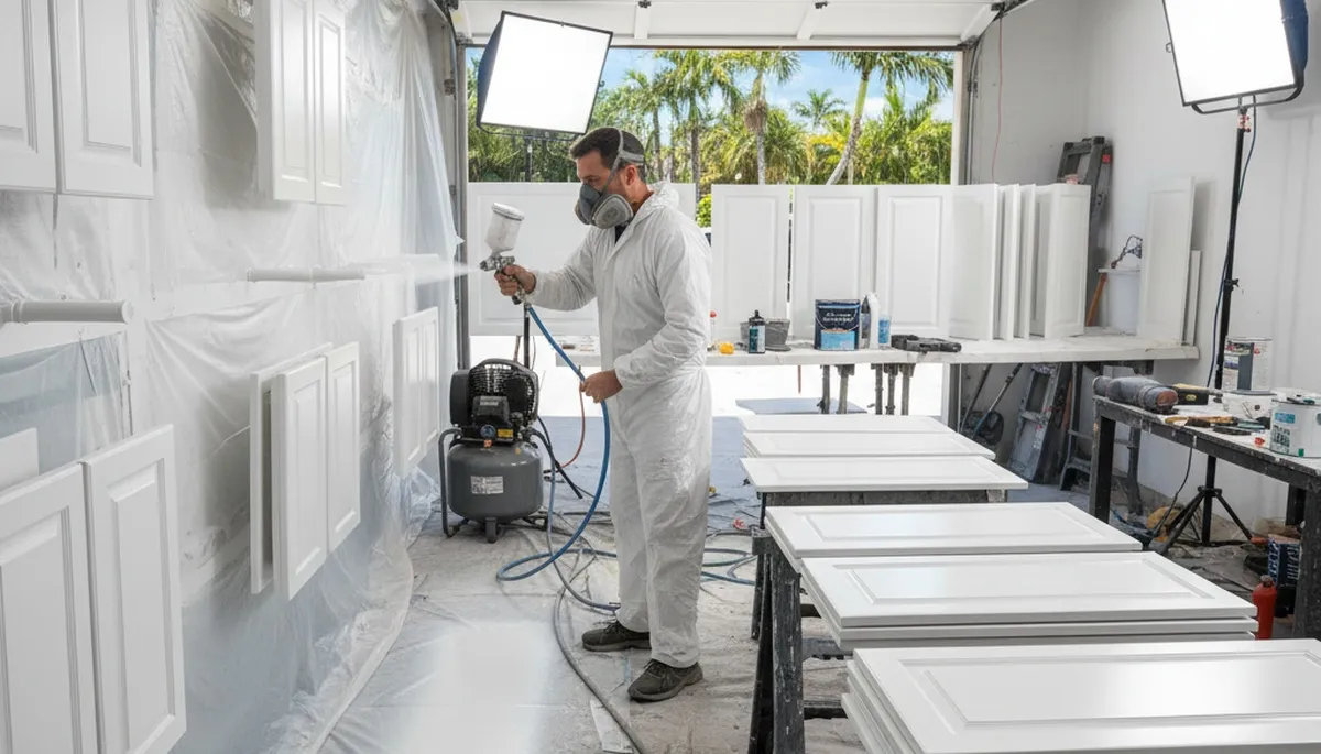 Professional cabinet painting in Miami FL with spray and brush techniques for smooth kitchen finishes