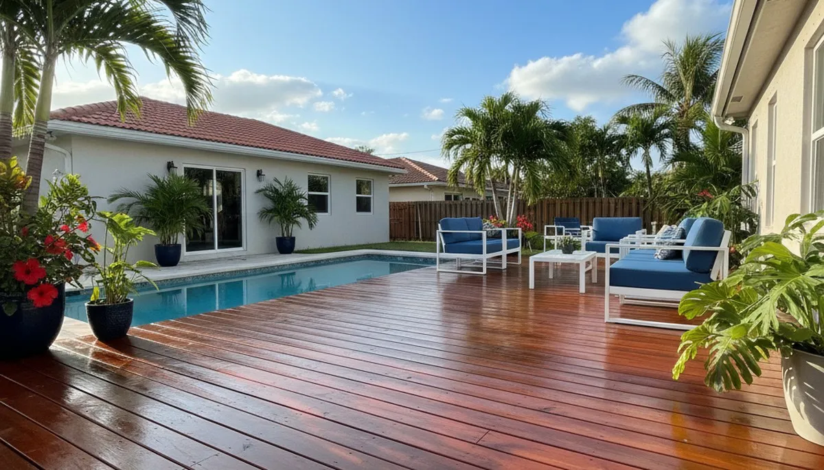 Finished deck staining in Miami FL showcasing rich wood tones and weatherproof finish by local painters