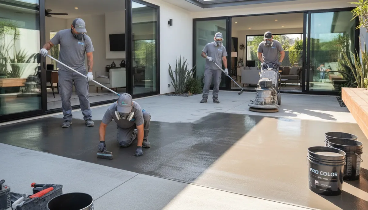 Professional concrete staining on Miami FL patio with durable, sun-resistant finish