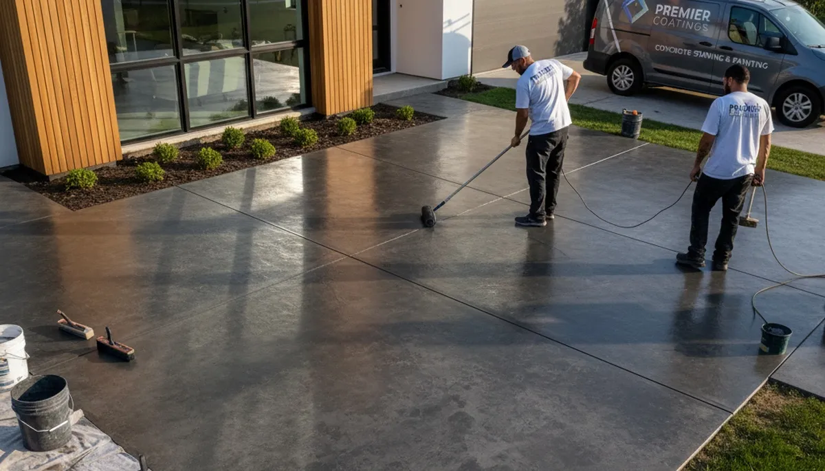 Professional concrete staining on Miami, FL driveway with durable, UV-resistant tropical finish