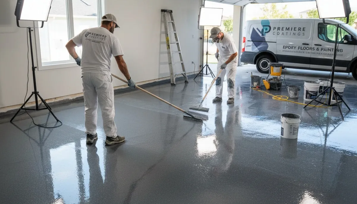 Epoxy floor coating in Miami FL garage by professional house painters for durable, glossy finish