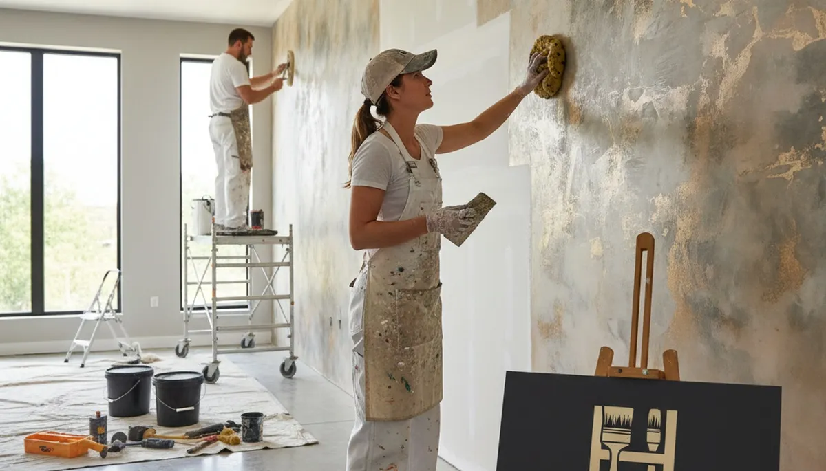 Faux painting specialists creating decorative wall finishes in a Miami FL coastal home interior