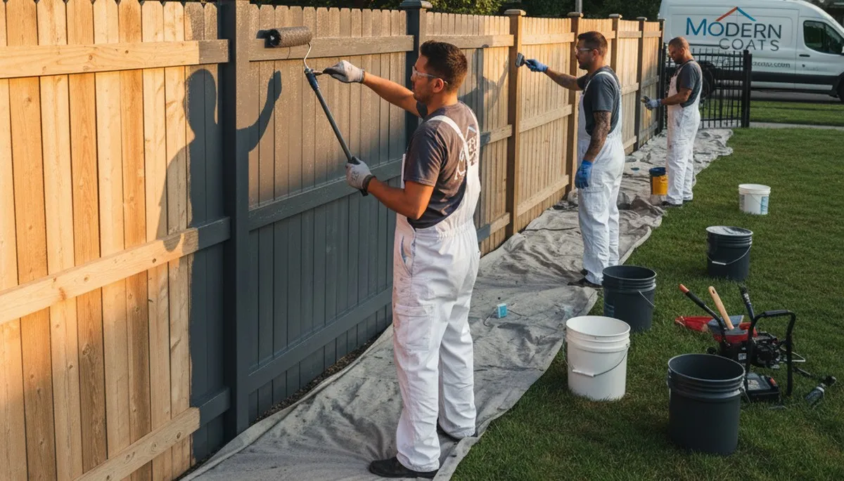 Professional fence painters applying protective coating in Miami, FL for weather-resistant finish