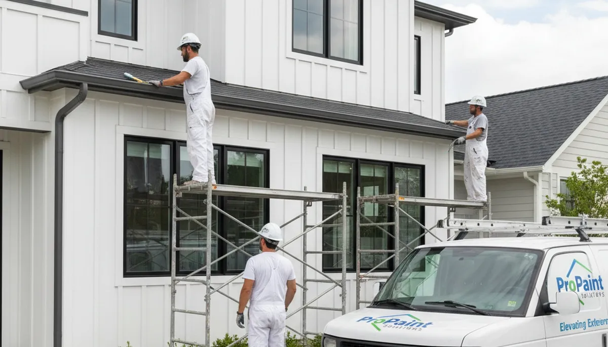 Professional painter applying durable gutter paint on Miami FL home exterior for weather protection