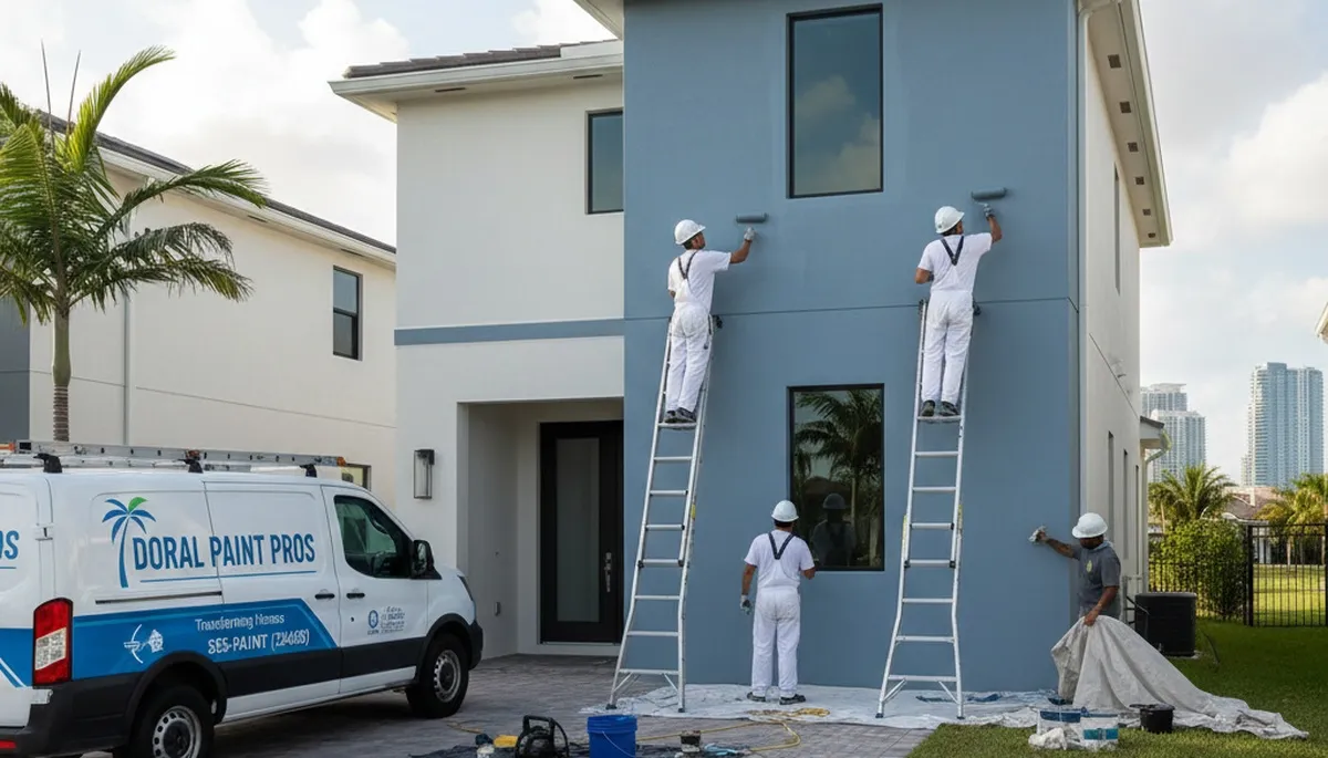 House painters providing exterior painting services in Miami, FL for a local home repaint project