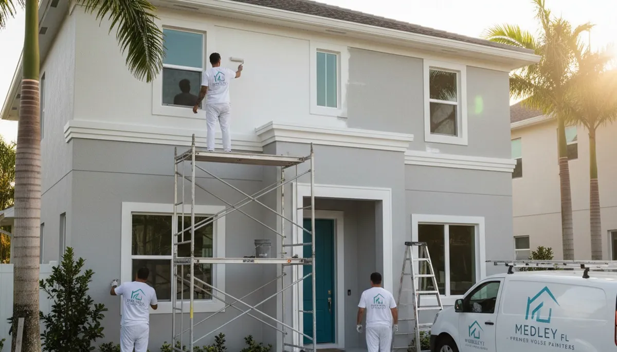 Professional house painters in Miami, FL applying exterior paint for a residential home