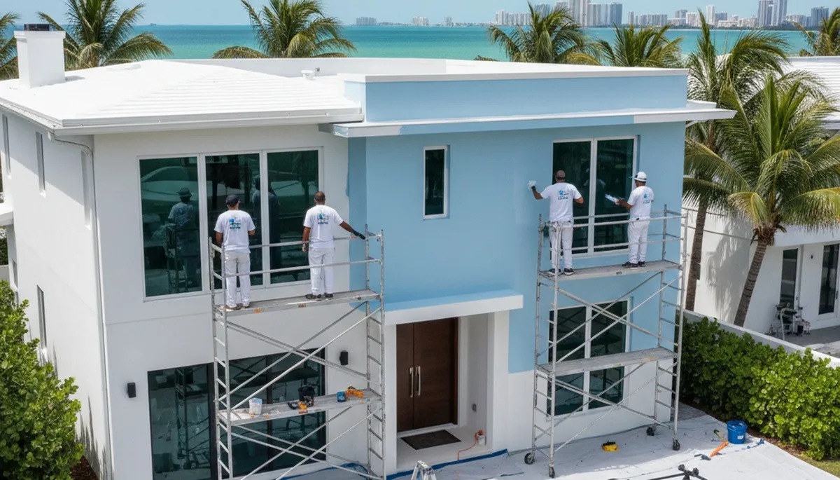 Professional house painters working on residential exterior in Miami, FL