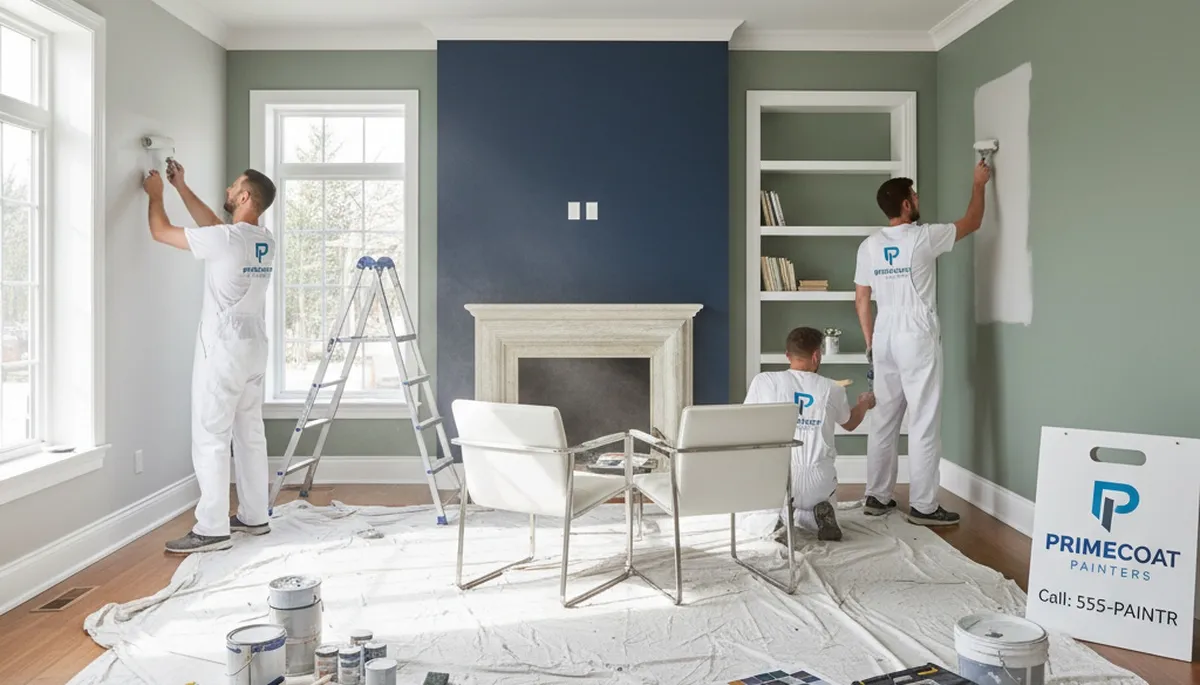 Professional interior house painters finishing a living room in Miami, FL with durable paint finishes