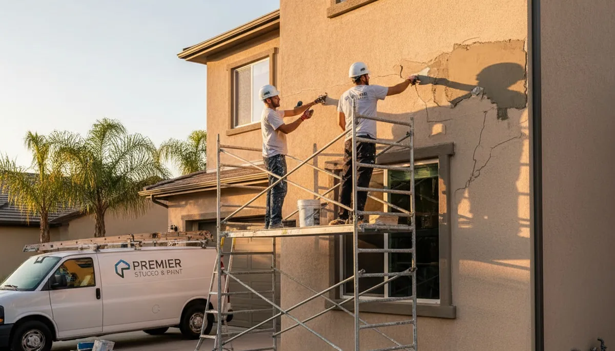 Professional stucco repair on Miami FL home exterior by expert house painters restoring curb appeal