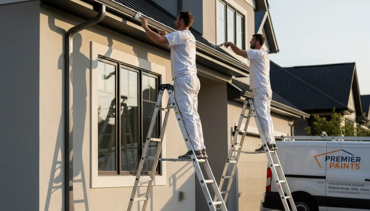 Professional trim and fascia painting on coastal Miami FL home exterior by expert house painters