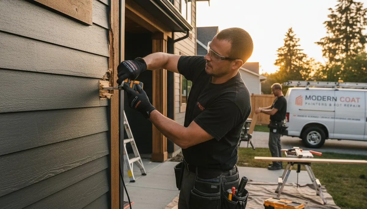 Professional wood rot repair on Miami FL home exterior by expert painters restoring damaged siding